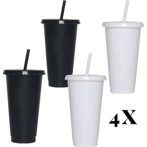 Drinkbeker - 4 stuks to go drinkfles - Starbucks drinkbeker look a like - Drinkfles met deksel en rietje - 710ML - Zwart - Wit