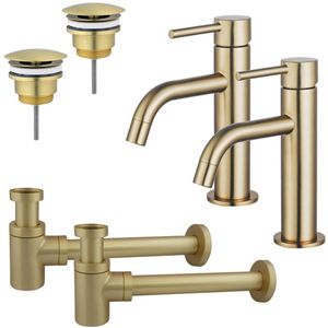 FugaFlow Eccelente Sobrado Badkamer Slim Wastafelkraanset - voor dubbele wastafel - lage wastafelkraan - always open plug - verlaagde design sifon - PVD Geborsteld Messing