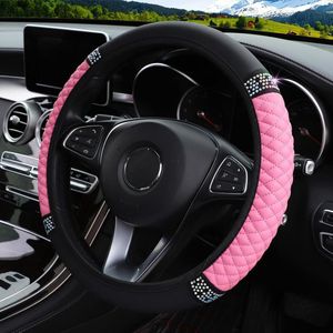 PU Leather Steering Wheel Cover with Rhinestones - Elastic Protector with Bling Crystal Diamond - Pink - 37-38cm