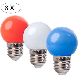 Set van 6 led lampen in kleuren Rood Wit Blauw, 1W - E27 Polycarbonaat kap - IP21 - Koningsdag