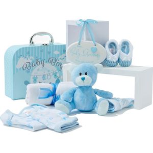 Geschenkmand voor babyfeestjes - met fleece, handdoek met capuchon, babykleding, 2 muilsjaals en schattige bruine teddybeer - doopcadeaus voor jongens