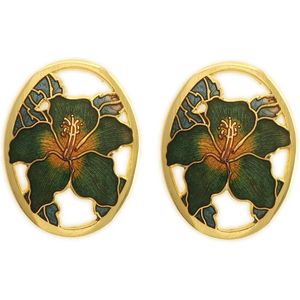 Behave Dames oorclips goud-kleur met bloemen groen emaille