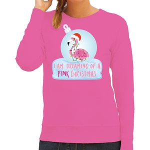 Bellatio Decorations Foute kersttrui/sweater dames - flamingo in kerstbal - roze - pink Christmas S