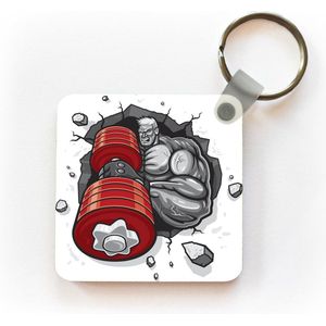Sleutelhanger - Uitdeelcadeautjes - Een illustratie van een bodybuilder met een rode halter - Plastic