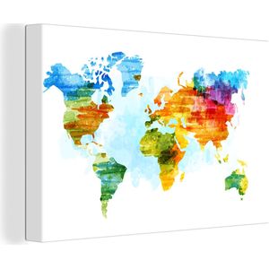 Canvas Wereldkaart - 180x120 - Wanddecoratie Wereldkaart - Waterverf - Regenboog - Kinderen - Jongens - Meisjes