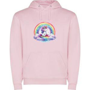 Zacht Roze unisex hoodie met “ Kleurrijke Te Schattige Zittende Eenhoorn met Regenboog en wolken “ Print Full merk Roly maat 116 5/6 jaar