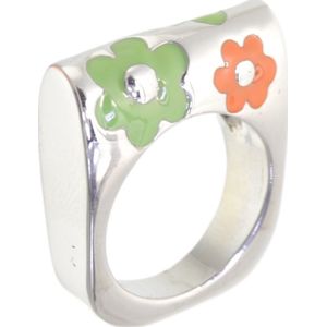 Behave - Ring - Zilverkleurige statement ring met groene en oranje bloemen – Y2K & retro fashion