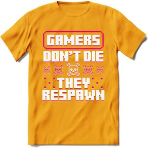 Gamers don't die pixel T-shirt | Roze | Gaming kleding | Grappig game verjaardag cadeau shirt Heren – Dames – Unisex | - Geel - XL