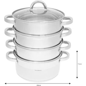 Stoompannen Set 5-delig I Kookpan Stoominzet Deksel Ø 22 cm - 4.0L RVS Rijststomer Stoompan Groentestomer Vis- en Vleesstomer I Gezond Lekker Zuinig