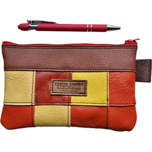 Toetie & Zo - Handgemaakte Etui - Leer - Rood - Oranje - Geel - Patchwork - Telefoontas - Makeuptas - Pennenetui - Medicijnhoesje