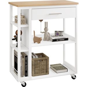 Kamyra® Keukentrolley op Wieltjes - Serveerwagen, Open Kast, Wijnrek, Keukenkast - 73x38x88 cm - MDF - Licht Eik/Wit