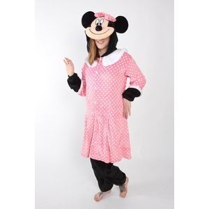 KIMU Warm Fleece Pak Zwarte Muis Onesie - Maat S-M - 158 164 Minny Roze Gestippelde Jumpsuit - Minnie Pyjama Kostuum Mouse Huispak Skipak Festival