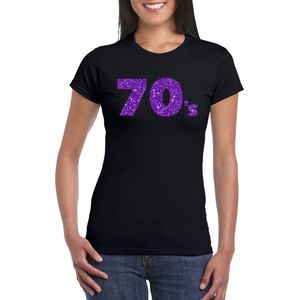 Zwart 70s t-shirt met paarse glitters dames - 70s/80s/disco XXL