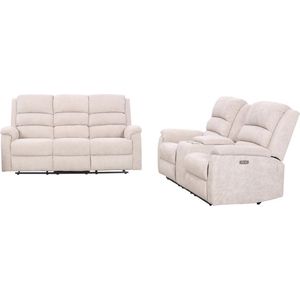 Elektrische relax-3-+2-zitsbank van taupe stof met plankje NEVERS L 187 cm x H 103 cm x D 95 cm