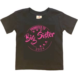 Shirt Aankondiging zwangerschap Promoted to Big Sister 2024 | korte mouw | Zwart/roze | maat 98/104 zwangerschap aankondiging bekendmaking Baby big sis sister Grote Zus