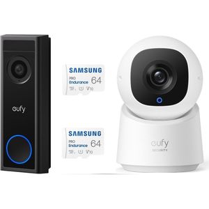 eufy Security C30 2K Draadloze Video Deurbel 2K FHD - Accu Zwart + eufy Security C220 indoorcam + 2X SAMSUNG MicroSDXC 64GB PRO - Bundel