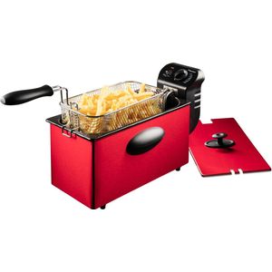 Bestron friteuse met koude zone, frituurpan met mand, inclusief traploos instelbare temperatuurregelaar, 2000W, 3,5 L, kleur: rood