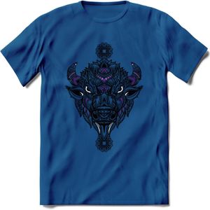 Bizon - Dieren Mandala T-Shirt | Paars | Grappig Verjaardag Zentangle Dierenkop Cadeau Shirt | Dames - Heren - Unisex | Wildlife Tshirt Kleding Kado | - Donker Blauw - 3XL