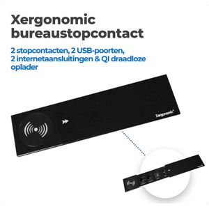 Xergonomic bureau stopcontact – bureau stekkerdoos met 2 stopcontacten, 2 USB-poorten, 2 internetaansluitingen en QI draadloze oplader – Inbouw contactdoos voor huis en kantoor meubilair – Stevige en moderne inbouwstekkerblok – B35xL10xH3.5cm - Zwart