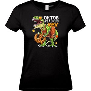Dames T-shirt Oktobasaurus | Oktoberfest dames heren | Carnavalskleding heren dames | Foute party | Zwart dames | maat M