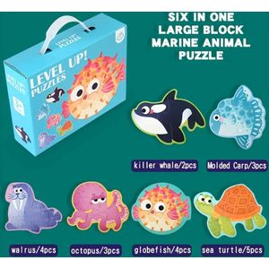 6-in-1 Zeedieren Puzzelset – Educatief Speelgoed voor Kinderen vanaf 3 Jaar – Grote Blokpuzzels met Vissen, Walvissen, Octopus en Meer – Leerzaam Cadeau voor Peuters en Kleuters