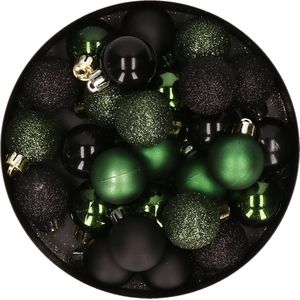 28x stuks kunststof kerstballen donkergroen en zwart mix 3 cm - Kerstboomversiering