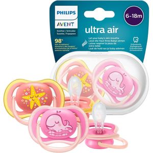 Philips Avent Fopspeen Ultra Air - 6 tot 18 maanden - 2 Stuks - Laat de huid ademen - Orthodontisch - Zijdezachte speen - Eenvoudig te steriliseren - Roze - SCF085/04