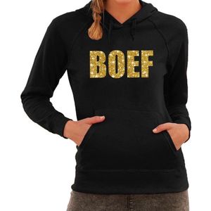 BOEF goud glitter tekst hoodie zwart dames- zwarte fun sweater/trui met capuchon L