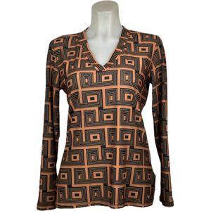 Angelle Milan – Travelkleding voor dames – Bruin/Zwarte patroon blouse – Ademend – Kreukvrij – Duurzame Jurk - In 5 maten - Maat M