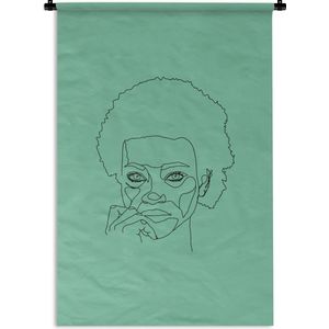 Wandkleed Line-art Vrouwengezicht - 24 - Line-art illustratie vrouw met afro op een groene achtergrond Wandkleed katoen 120x180 cm - Wandtapijt met foto XXL / Groot formaat!