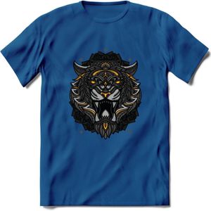 Tijger - Dieren Mandala T-Shirt | Geel | Grappig Verjaardag Zentangle Dierenkop Cadeau Shirt | Dames - Heren - Unisex | Wildlife Tshirt Kleding Kado | - Donker Blauw - XL