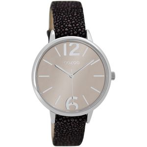 OOZOO Timepieces - Zilverkleurige horloge met zwarte leren band - C9227