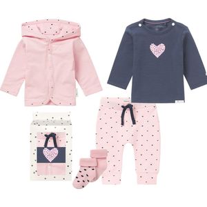 Noppies - Cadeaudoosje met Kledingset - 5 delig - Vest Novi roze - Broek Roze - Shirt Blauw met hart - 2 paar sokjes - Maat 68