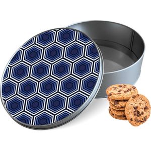 Koektrommel Blauwe Hexagons Rond - Bewaarblik 15x15x5 cm