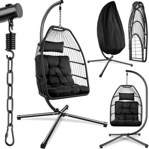 XXL Egg Hangstoel - Outdoor En Indoor - Hangstoel Inclusief Standaard - Egg Chair - Tot 160kg - Inclusief Beschermhoes - Zwart