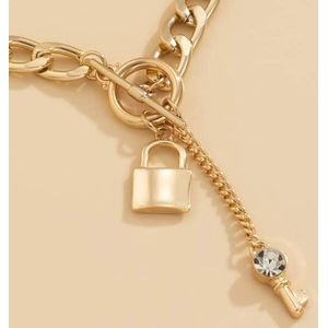 Ketting met slotje goud kleurig staal (3-delig) - Ketting met hanger dames goud kleurig staal - Kettingen dames goudkleurig - Koppel meisjes ketting sieraden ketting