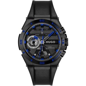 HUGO HU1530341 #WILD Heren Horloge - Mineraalglas - Staal/Leer - Zwart - 46 mm breed - Quartz - Vouw/Vlindersluiting - 5 ATM (douchen)