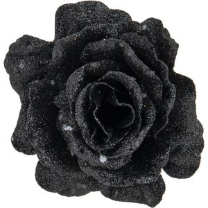 Kerstboom bloemen op clip - 2x stuks - zwart glitter - 10 cm