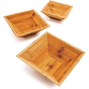 Bamboe schaaltjes set van 3 fruitschalen vierkant verschillende groottes stapelbaar voor gebak natuur Schalen set