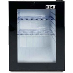 HCB® - Professionele Horeca Minibar koeling - 40L - Mini Koelkast met glazen deur - Kleine drankenkoelkast - F - Zwart - Flessenkoelkast - Bier koelkast - tafelmodel - 40x42.2x56.8 cm (BxDxH)