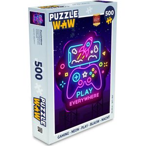 Puzzel Gaming - Neon - Play - Blauw - Nacht - Controller - Legpuzzel - Puzzel 500 stukjes