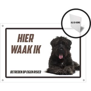 Waakbord/ bord alu di-bond | ""Hier waak ik"" | 30 x 20 cm | Bouvier | Aluminium bord | Met 4 boorgaten | Bouvier des Flandres | Vlaamse Koehond | Waakhond | Hond | Betreden op eigen risico | Zwart | Afschrik | Mijn huisdier | Roestvrij | 1 stuk