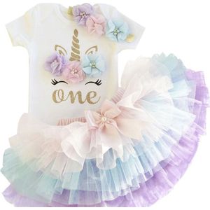 Eerste verjaardag Eenhoorn Jurk set, 3 in 1 set Cakesmash outfit meisje - Babykleding - Roze Paars Unicorn - 1 jaar