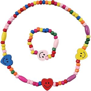 Fako Bijoux® - Kinderketting en Armband - Hout - Hartjes