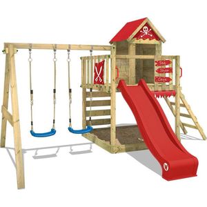 WICKEY speeltoestel klimtoestel Smart Cave met schommel & rode glijbaan, outdoor klimtoren voor kinderen met zandbak, ladder & speelaccessoires voor de tuin