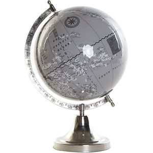 Decoratie wereldbol/globe grijs/zilver op aluminium voet/standaard 32 x 23 cm - Landen/continenten topografie