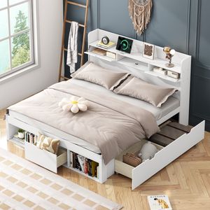 Sweiko Tweepersoonsbed - 160*200 cm - USB-poort - Laden + opbergruimte - Zonder matras - Wit