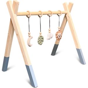 Houten babygym | Massief houten speelboog tipi vorm met jungle hangers - Denim drift | toddie.nl