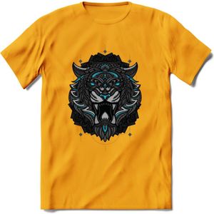 Tijger - Dieren Mandala T-Shirt | Lichtblauw | Grappig Verjaardag Zentangle Dierenkop Cadeau Shirt | Dames - Heren - Unisex | Wildlife Tshirt Kleding Kado | - Geel - XL