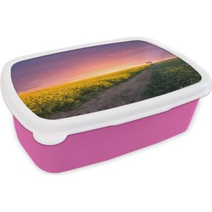 Broodtrommel Roze - Lunchbox - Brooddoos - Bloemen - Weg - Lucht - Geel - Paars - Zonsondergang - Natuur - 18x12x6 cm - Kinderen - Meisje